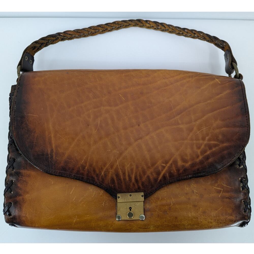 Vintage Tooled Leather Satchel, Whipstitch Boho Western Bag, Large, Brown Key